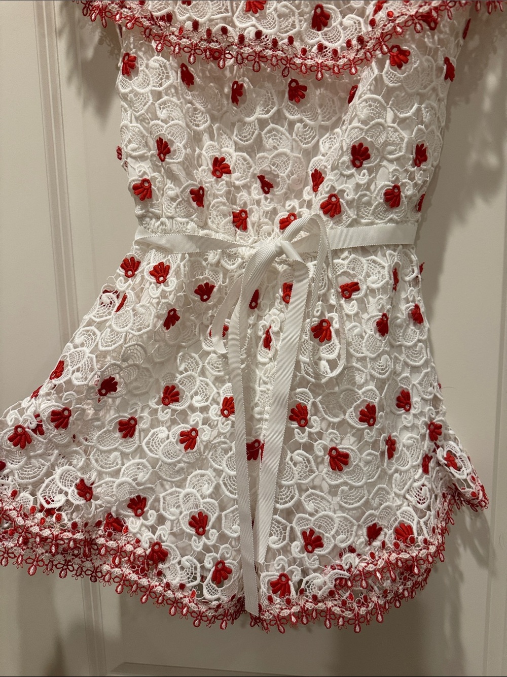 Alexis White Eyelet Romper with Red Floral Embroidery Trim - Picture 3 of 7